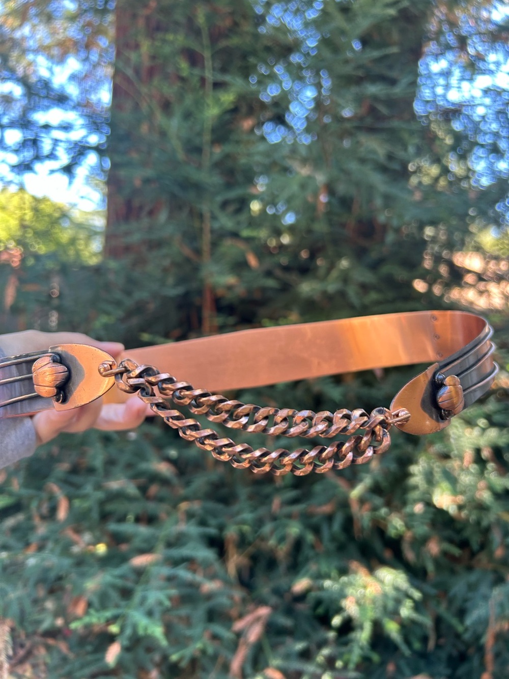 vintage mid-century Renoir copper chain belt double-strand curb chain closure